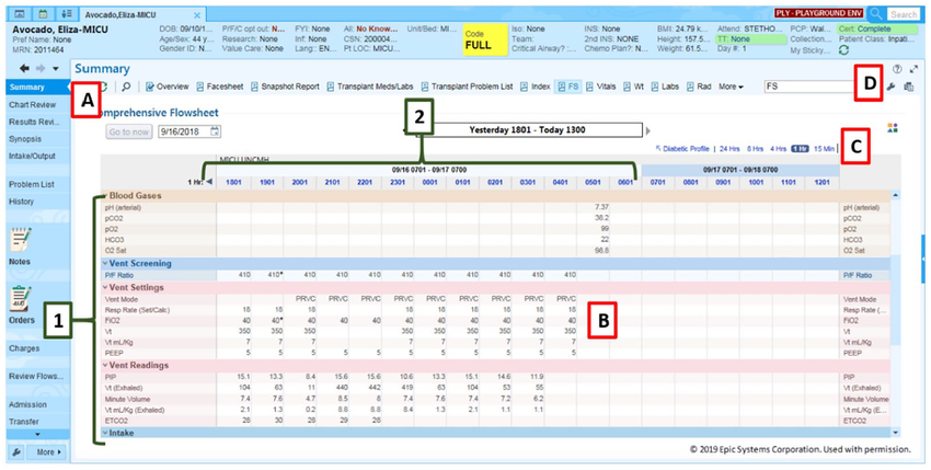 EHR flowsheet screenshot showing a comprehensive nursing flowsheet with vital signs, lab values, and clinical observations organized in a tabular time-series format
