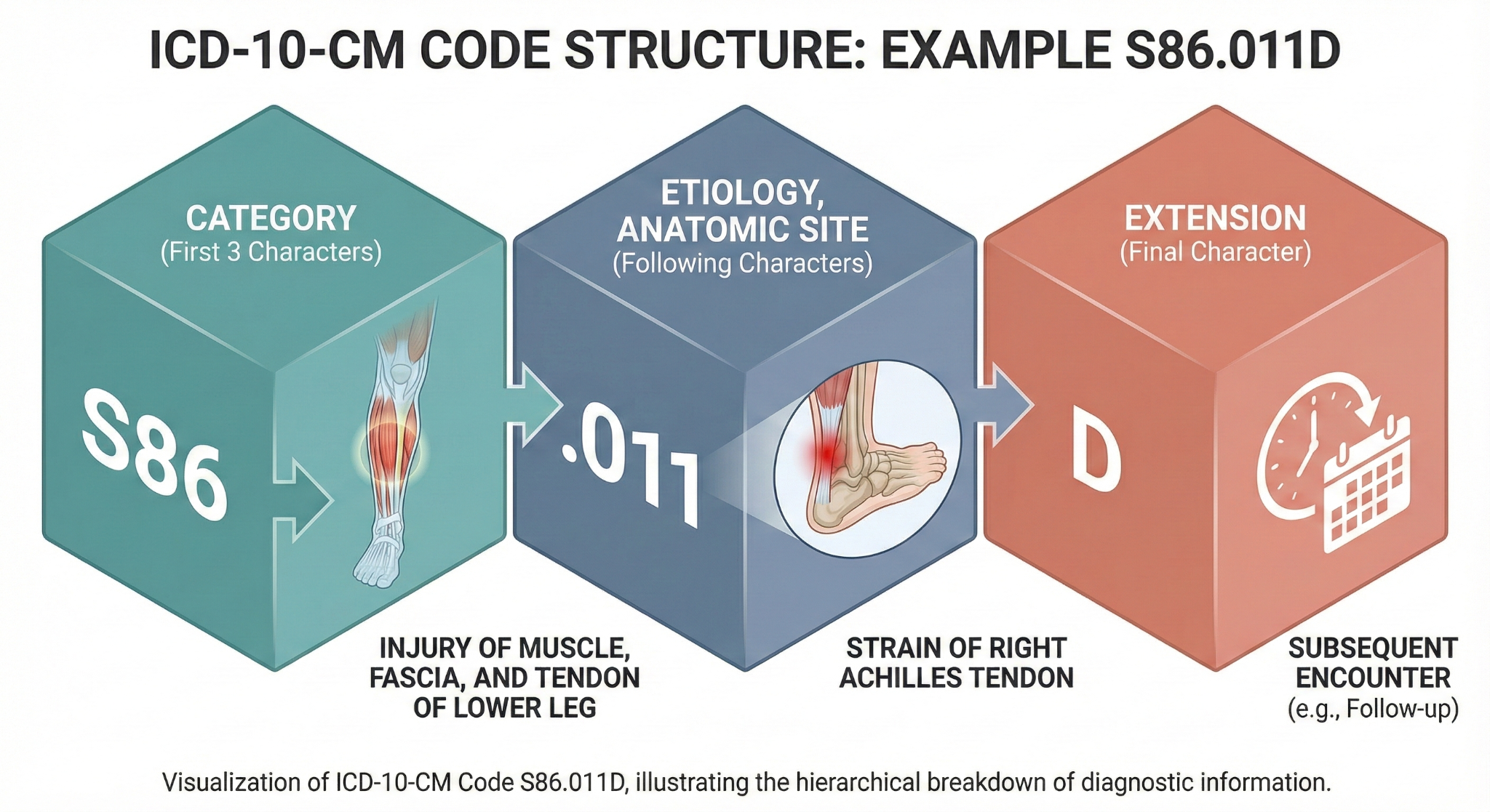 ICD-10-CM code structure diagram for S86.011D showing category, etiology/anatomic site, and extension components
