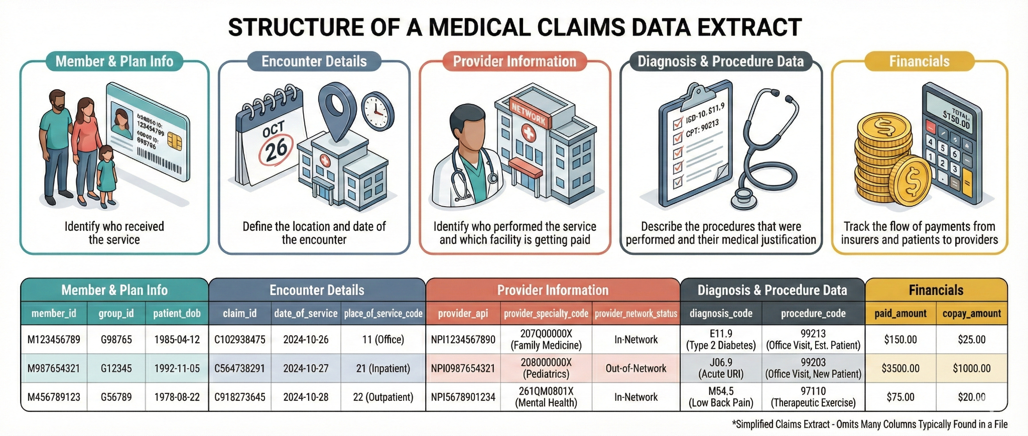 Structure of a medical claims data extract showing member and plan info, encounter details, provider information, diagnosis and procedure data, and financials